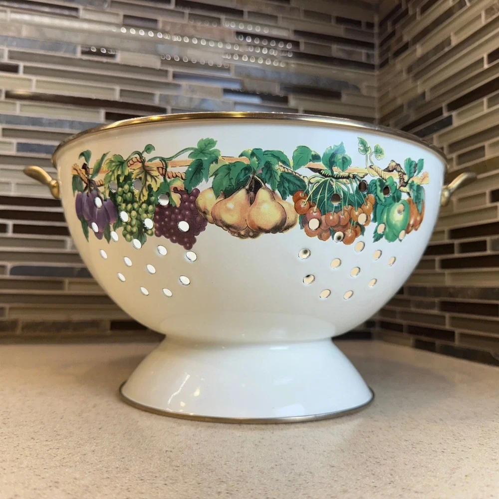 Vintage Enamel Fruit Colander White‎ Pedestal Strainer Brass Handles Cottagecore